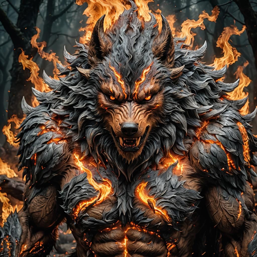 A Werewolf Made Of Fire, Hyper-realistic, Epic, Meticulously Detailed ...