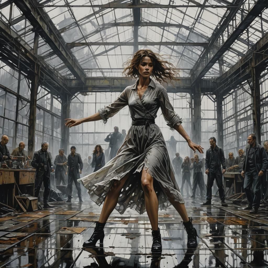 portrait dystopian bridesmade dancing, glass roof,, factory wet wash horror  Wadim Kashin, Bernie Wrightson