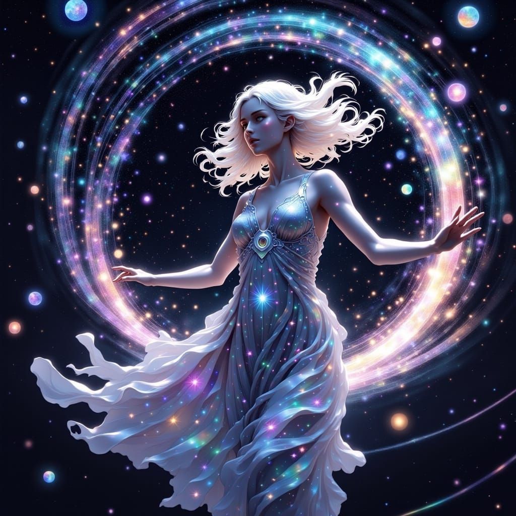 <lora:Cosmic Spiced:1.0>  A regal woman with flowing, starlight-kissed hair and a slender, athletic build, dressed in a flowing, iridescent ...