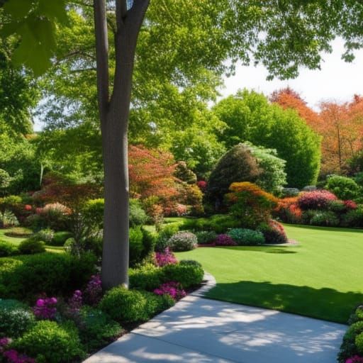 A beautiful garden, flowers, pebbled path, lanterns hanging ...