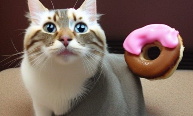 A cat with a flying donut beside it.