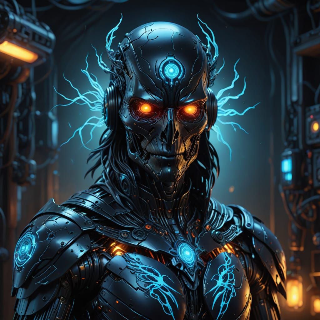 Oil painting. A seemingly evil android transforms into a digital raven, bio illuminating bioluminescent circuitry, amazing transformation. C...