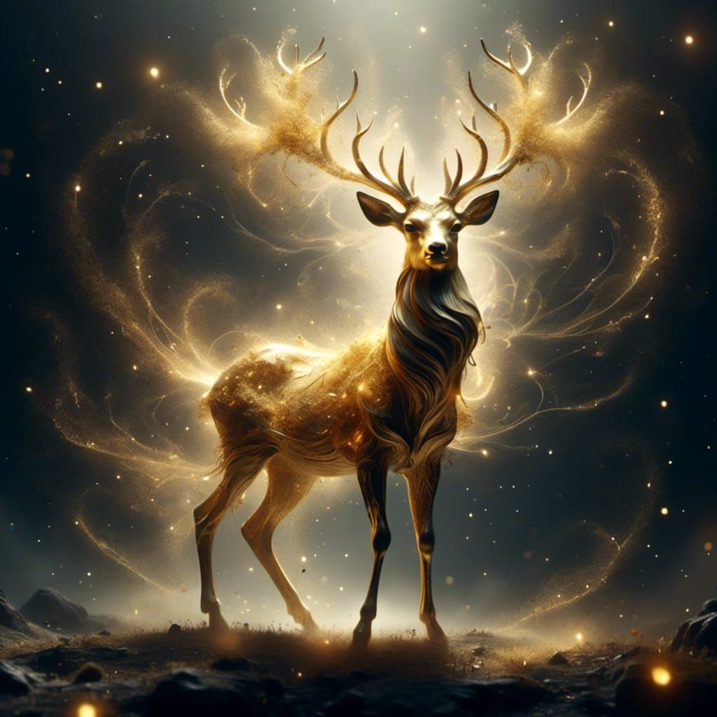 a photo of <lora:Arrow of Light:1.0> spectral golden ethereal gorgeous deer| made of light and dust| swirling sparkling particles|
