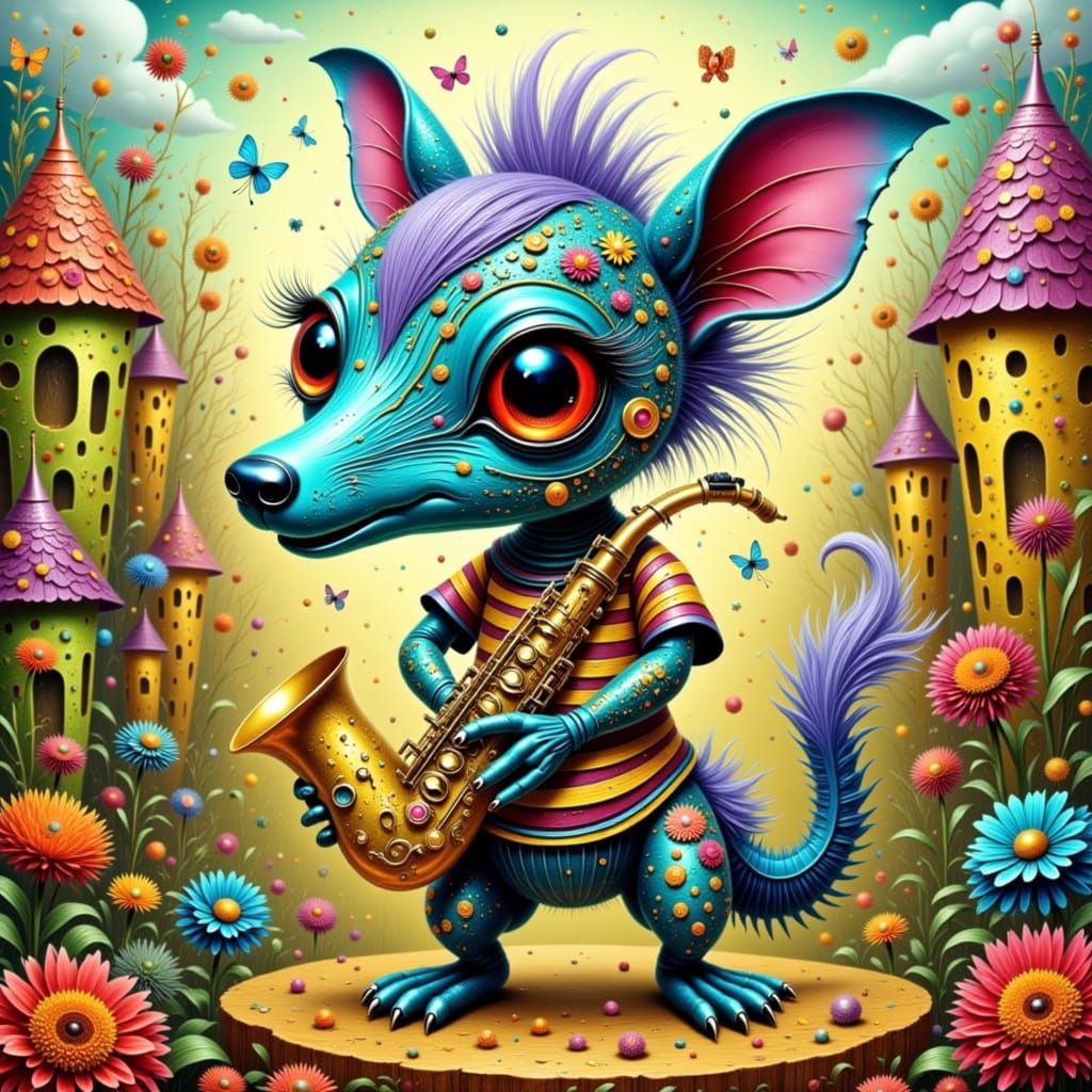 a hybrid very cute animal and comic, who holds a saxophon in one paw in a village<lora:Zeste-Citron hybrid1:1.0>
