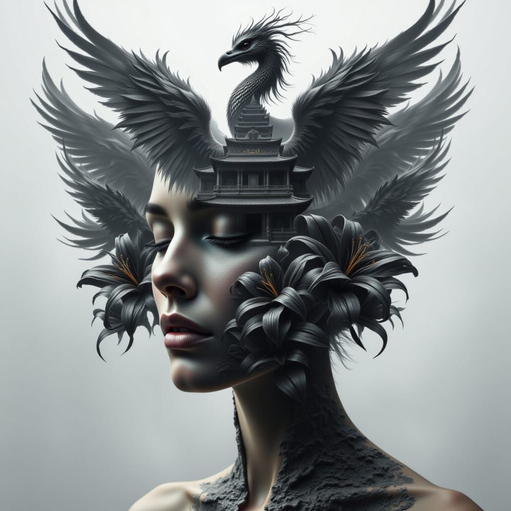 <lora:Triple Layer Effect:1.0> a triple layer portrait of a temple, a phoenix, black lilies, each image overlapping the other, stunning deta...