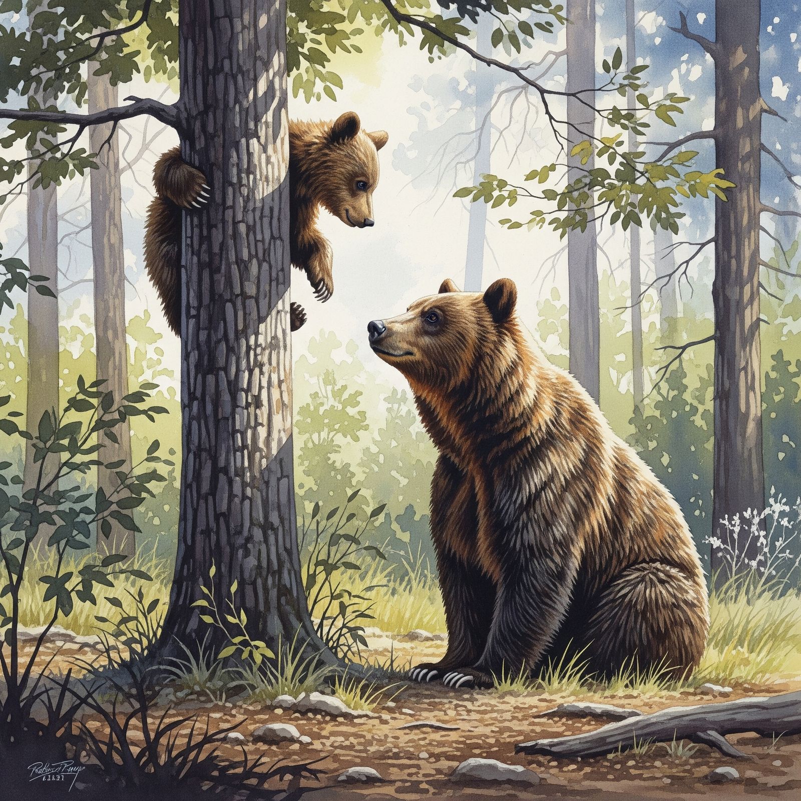 A bear mother and her climbing cub – Ge