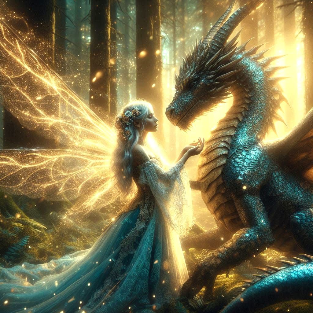 A beautiful fairy using magic to heal a dragon