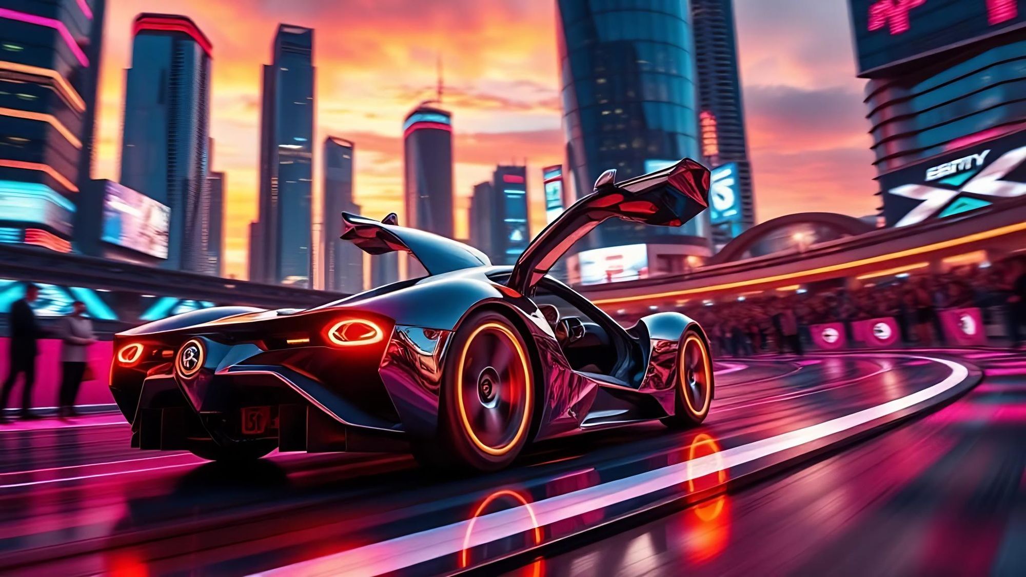 Create an image of a futuristic, sleek, high-speed race car. The car should be racing on a neon-lit, futuristic track, surrounded by towerin...