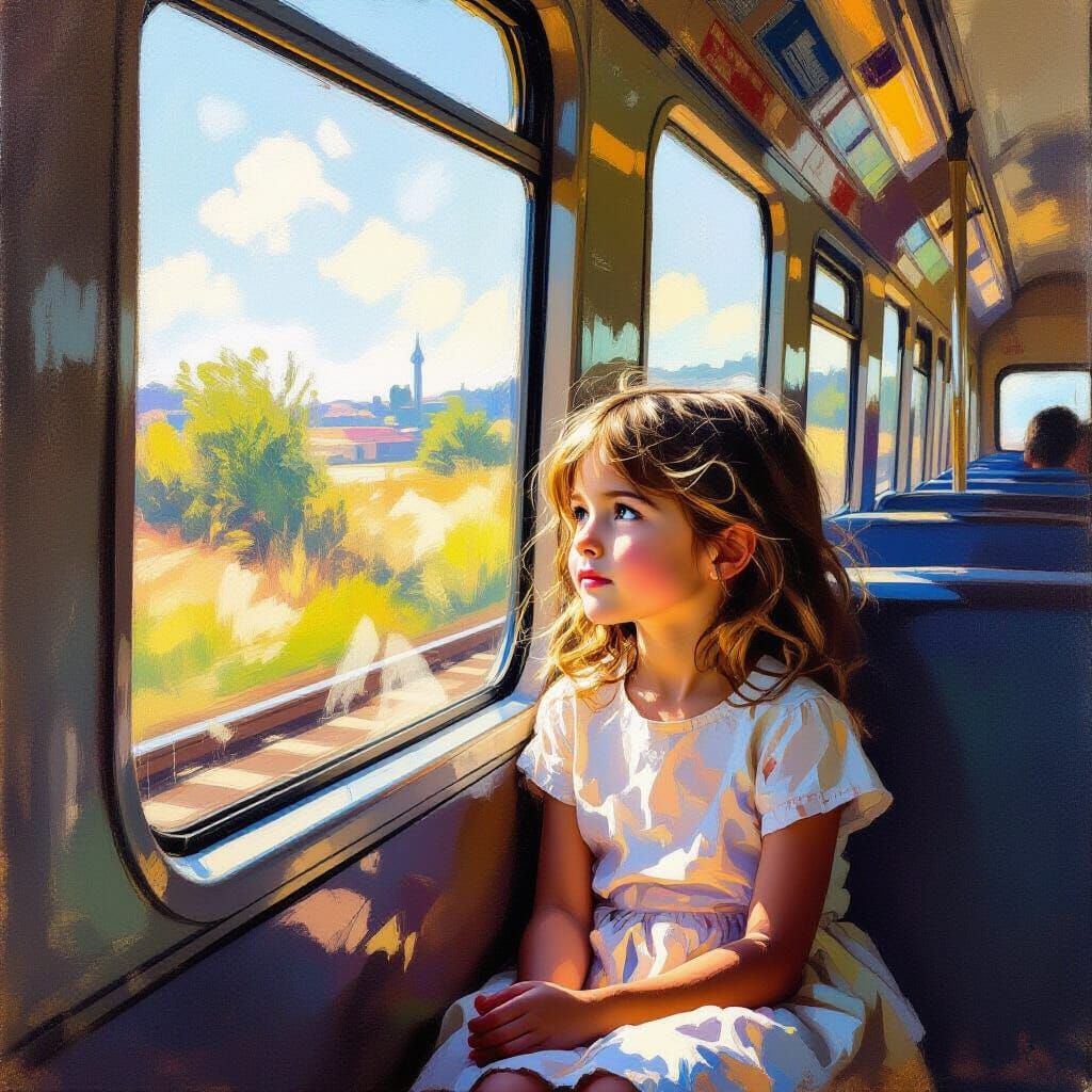 Young Girl Gazes Out Train Window in Impressionist Style