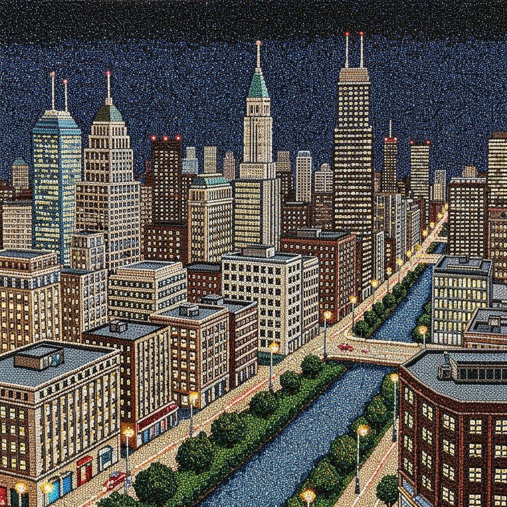 Night Cityscape Constructed from Detailed Beadwork