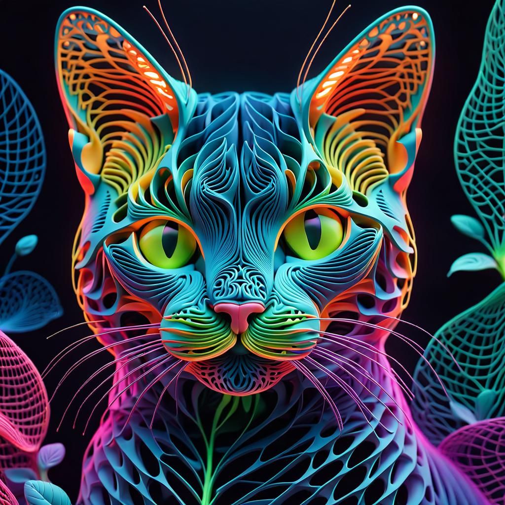 3D mesh array textured organic material forming a organic shape of a cat, neon colors, abstract background, ...  by @Totally4Ryo