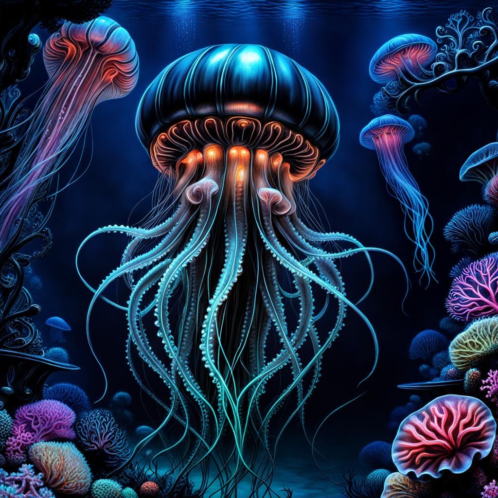 bioluminescent sea creatures, deep ocean exploration, jellyfish and corals glowing  by @Phantazia
