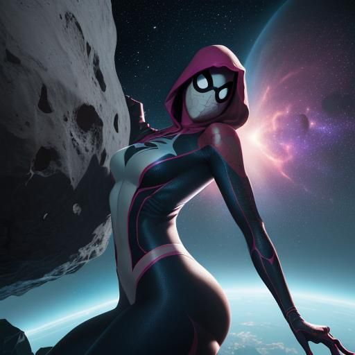 Spider-Gwen, with hood and mask, depicted as a colossal giant woman, in ...