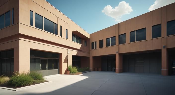 A L-shaped, office building made with a cement concrete fini...
