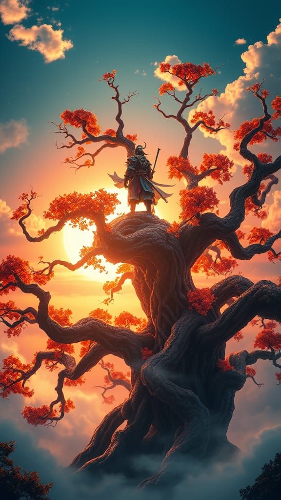 Mystical Japanese Warrior Amidst Ancient Tree and Ethereal M...