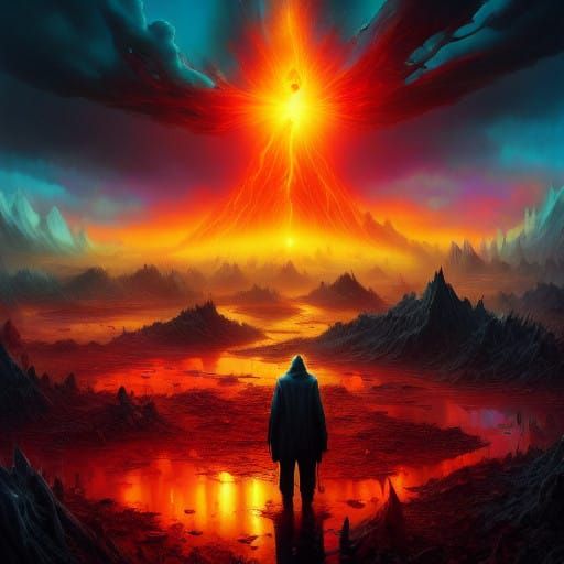 <lora:Disasterpiece:1.0> "Amidst the cosmic chaos, a solitary figure emerges—a mysterious soul intertwined with stardust and embers. His fie...