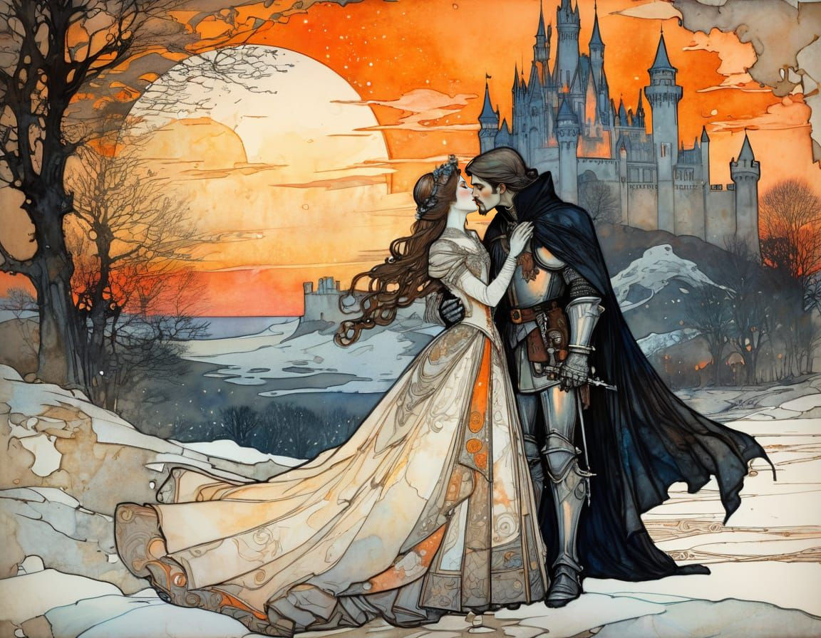 Gothic knight kissing a princess goodbye  by @MoonWolf