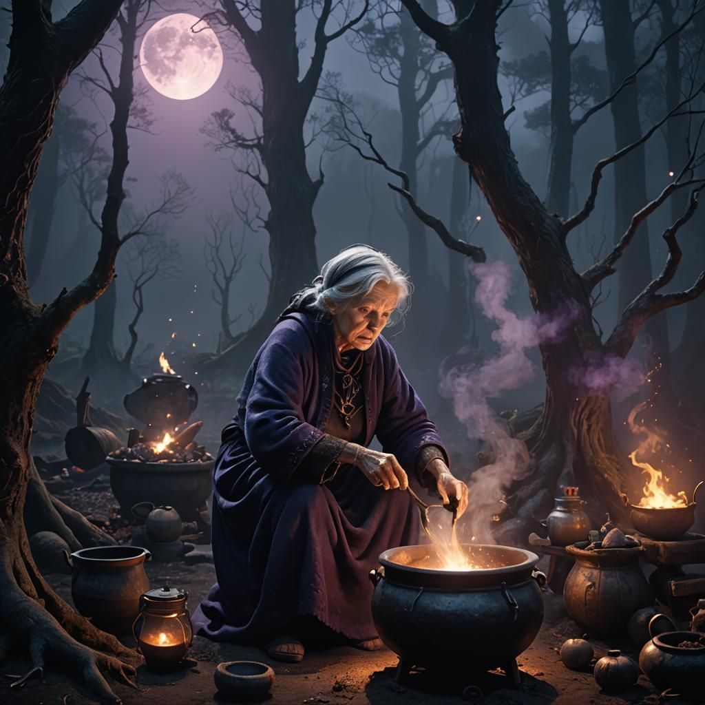 A spooky old woman brewing a potion in a cauldron under a full moon.