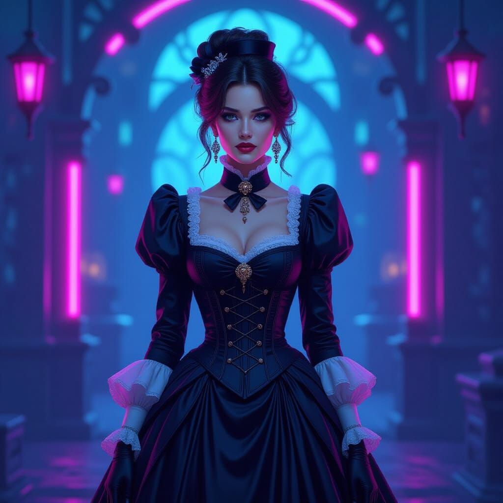 Victorian Woman in Dreamlike Cyberpunk Neon Setting