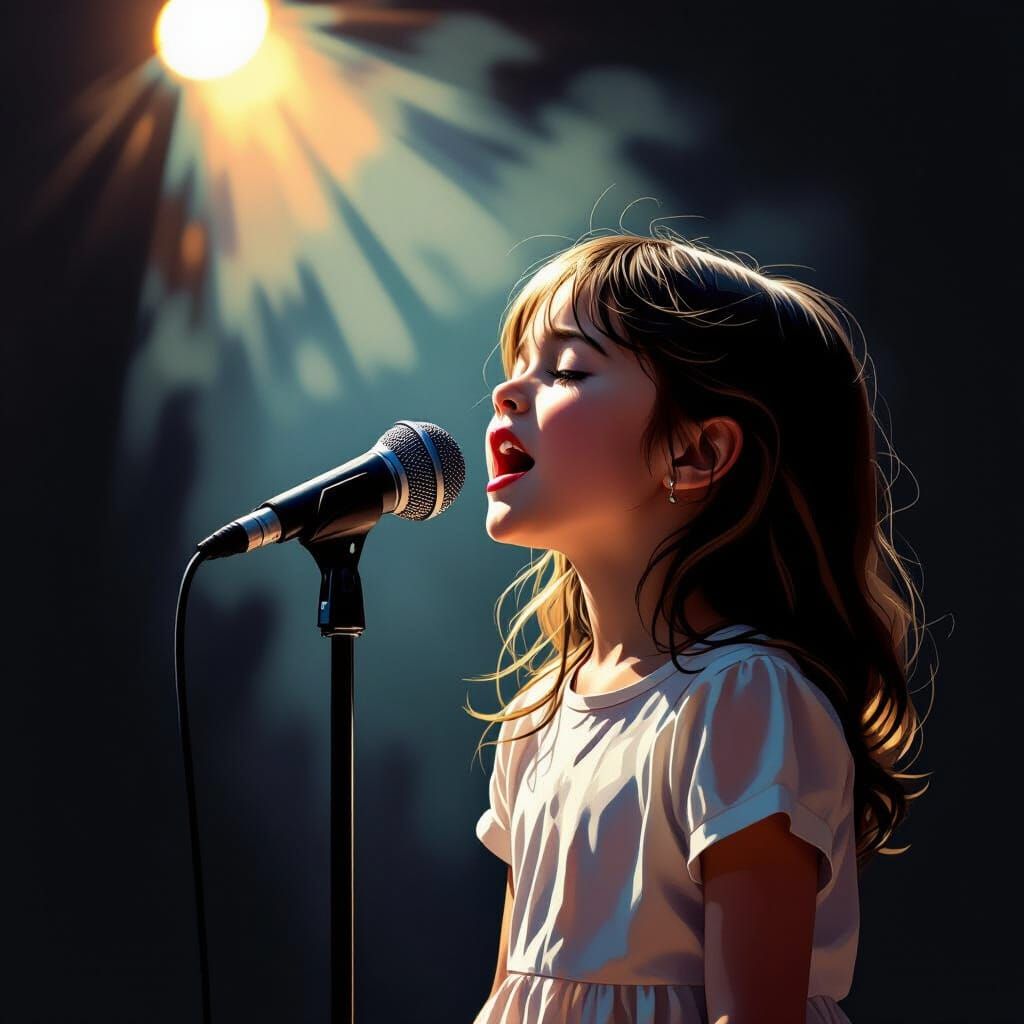 Emotive Portrait of Girl Singing with Spotlight