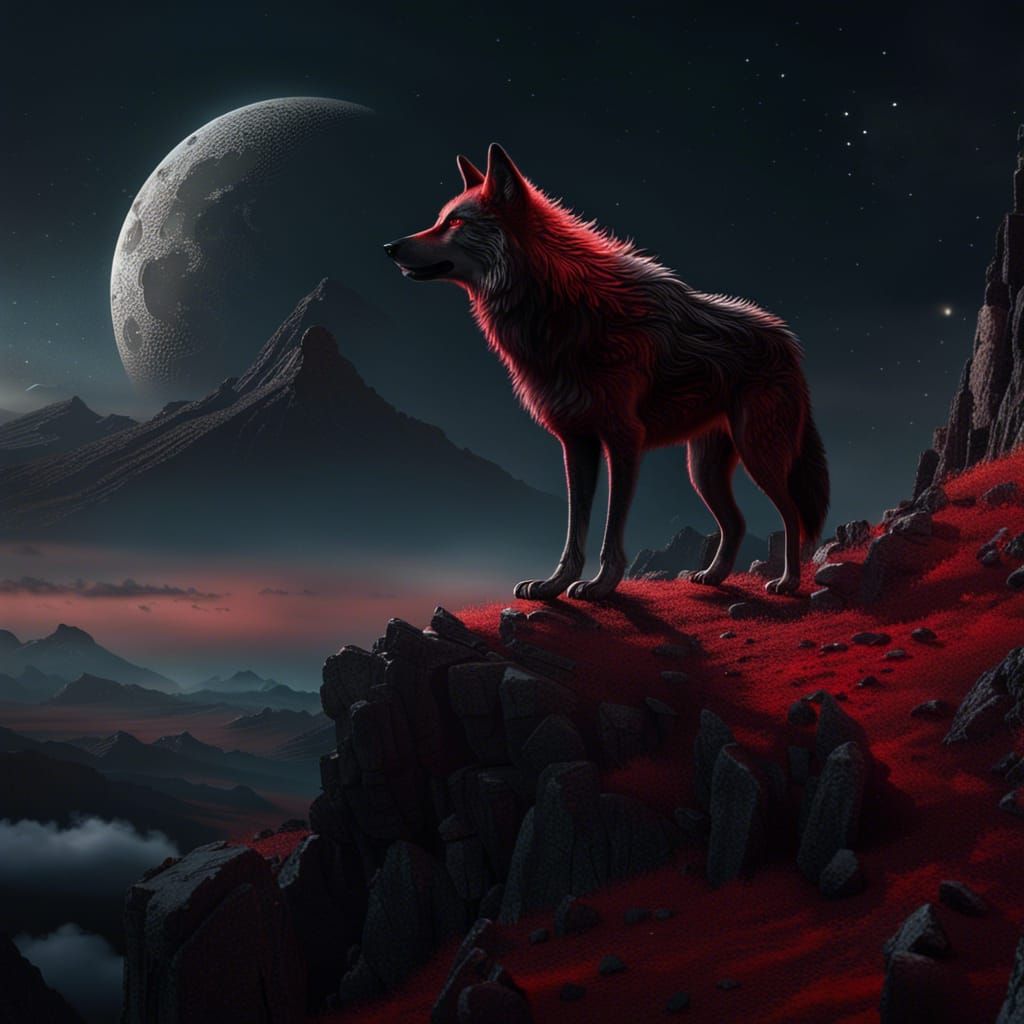 Red and Black Wolf standing infront of ominous moon - AI Generated ...