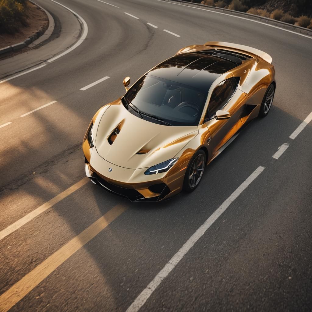 Golden Sports Car with Silver Accents on Winding Road