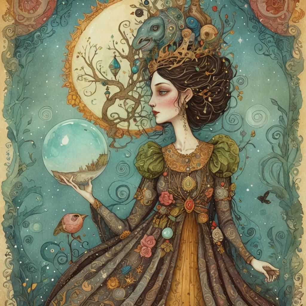 The high priestess whimsical illustration, dreamlike quality...