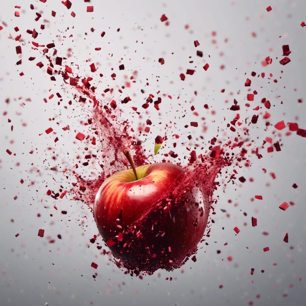 <lora:Fragmentation 1:1.0> red_apple disintegrating fragmentation particles