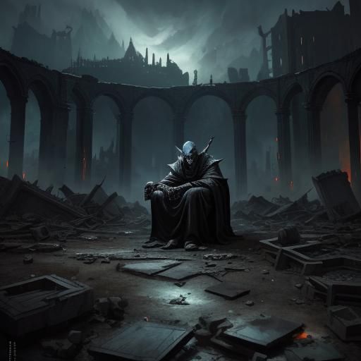 A evil ancient elven dark lord sitting in the ruins of long ...