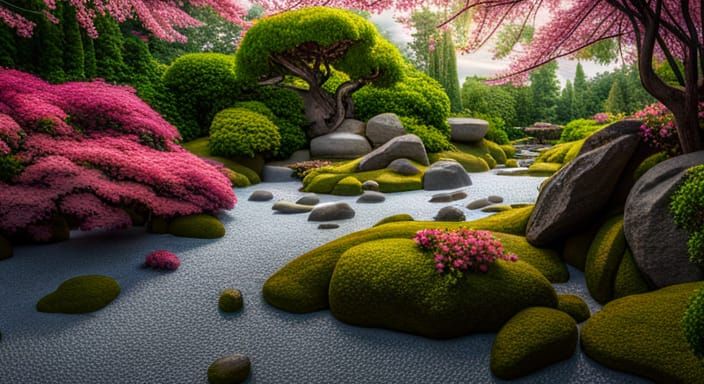 Japanese rock garden with cherry and Japanese maple trees Ta...
