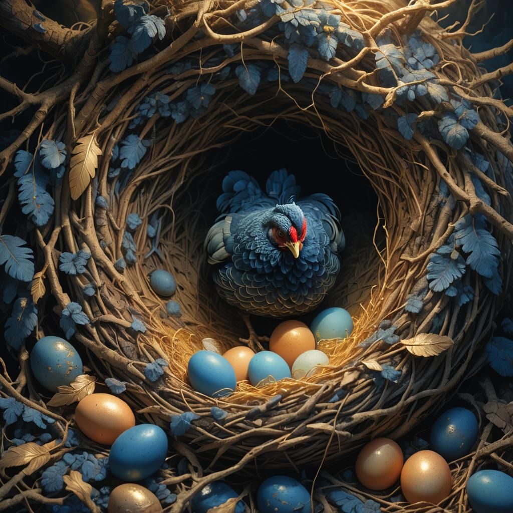Hen Brooding Over Eggs in Mystical Glowing Nest