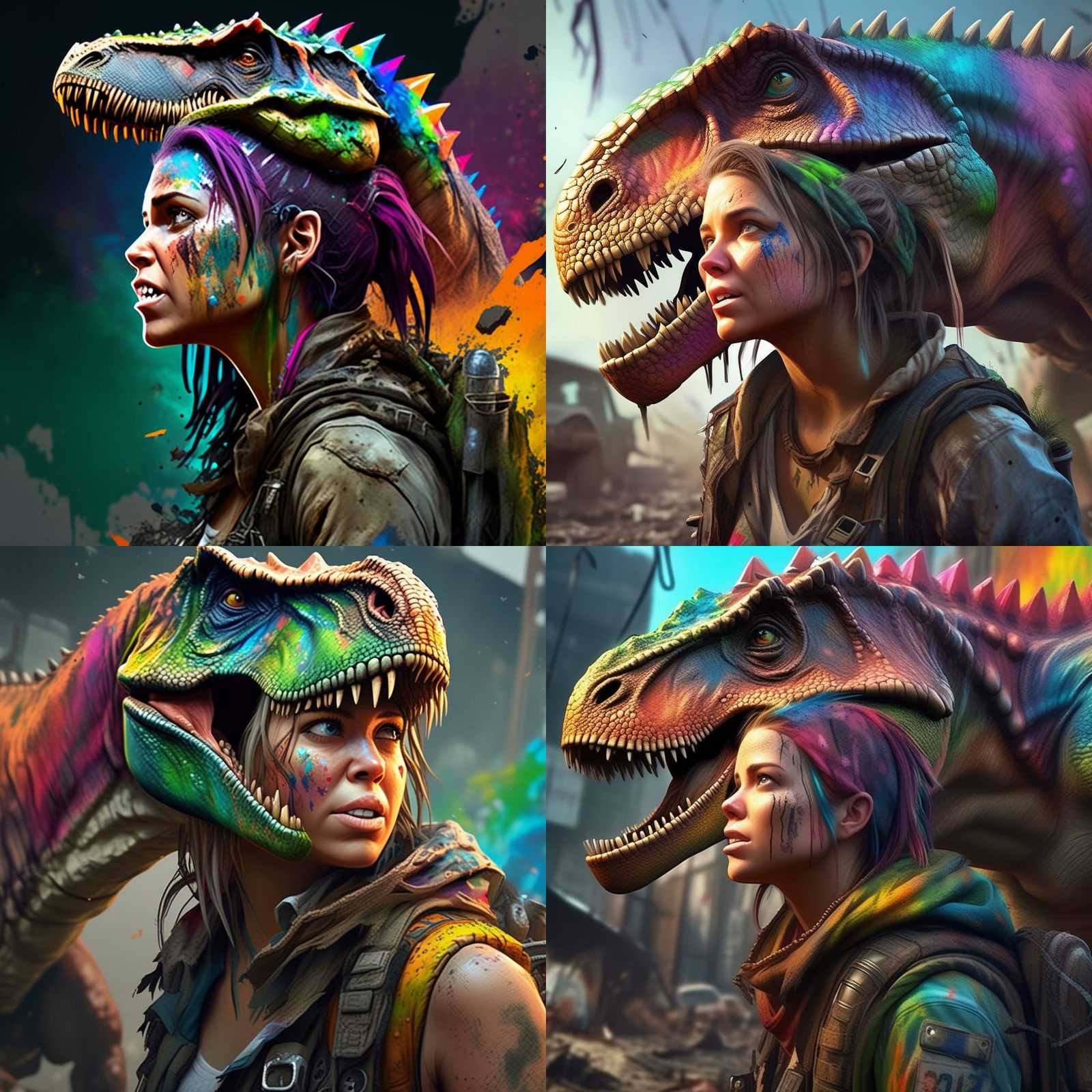 Post apocalyptic wonderland, dinosaur human female Hyperrealistic ...