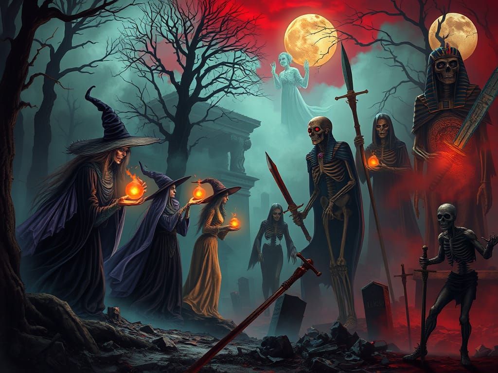 Ethereal witches in a misty forest, casting spells, adorned with flowing robes and pointed hats, surrounded by glowing orbs, ancient spellbo...