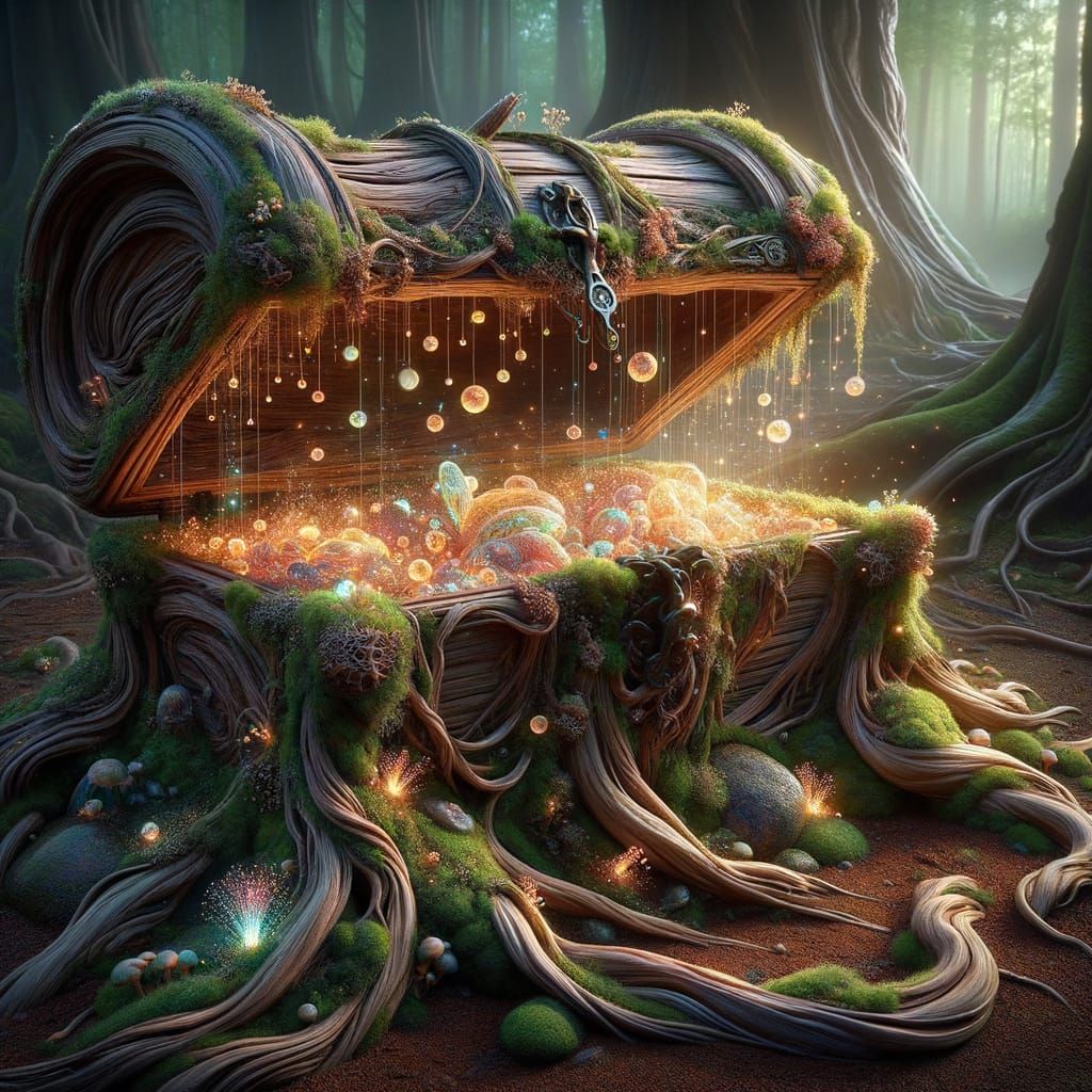 A mystical treasure chest seamlessly grown from ancient roots, twisted branches, and tangled vines, its ...  by @The Infinite Scroll