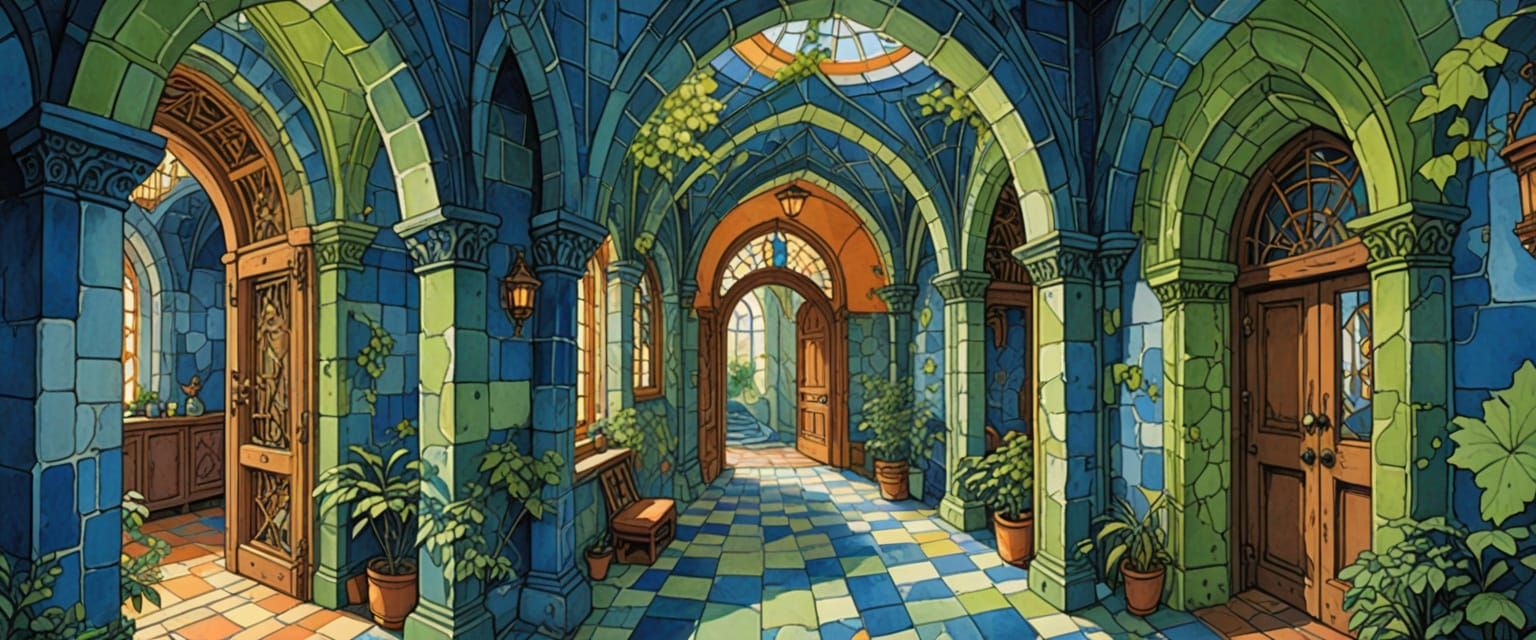 abandoned passageway, mirrors, dungeon, castle, kitchen, erin hanson, daniel merriam, ghibli, moebius, comic book style, m.c. escher, myster...