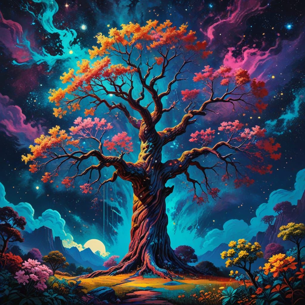 Ancient Tree Grows From Starry Abyss in Pop Art Style