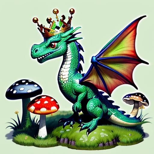 a tiny dragon, adorned with a crown, perched atop a large, v...