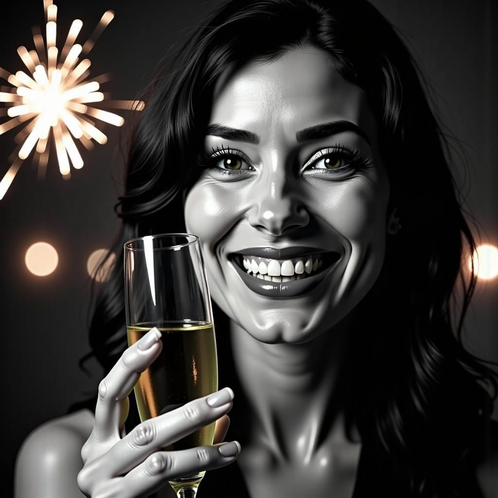 <lora:PopArt Portraits FL:1.0> A close-up of a smiling person holding a champagne glass, sparkling fireworks reflecting in their eyes as th...