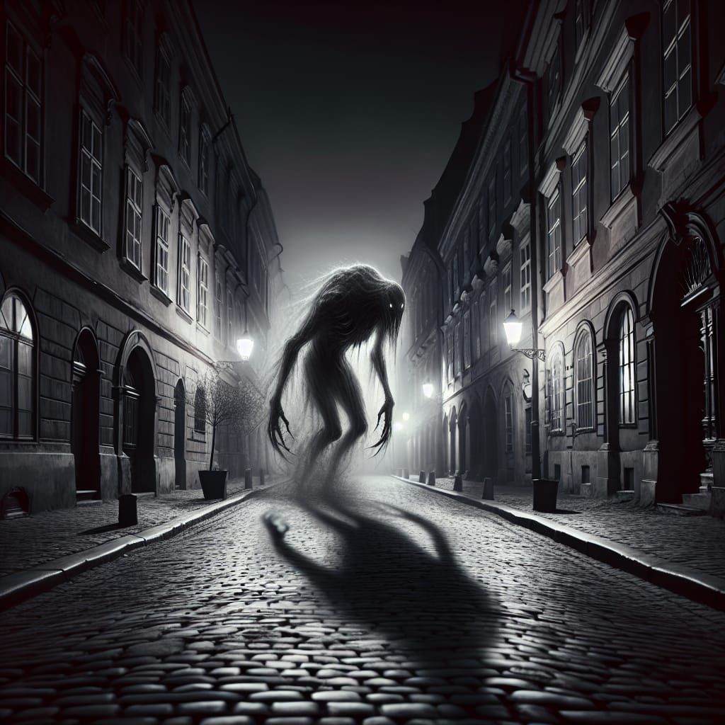 A Haunting creature on the streets at night.