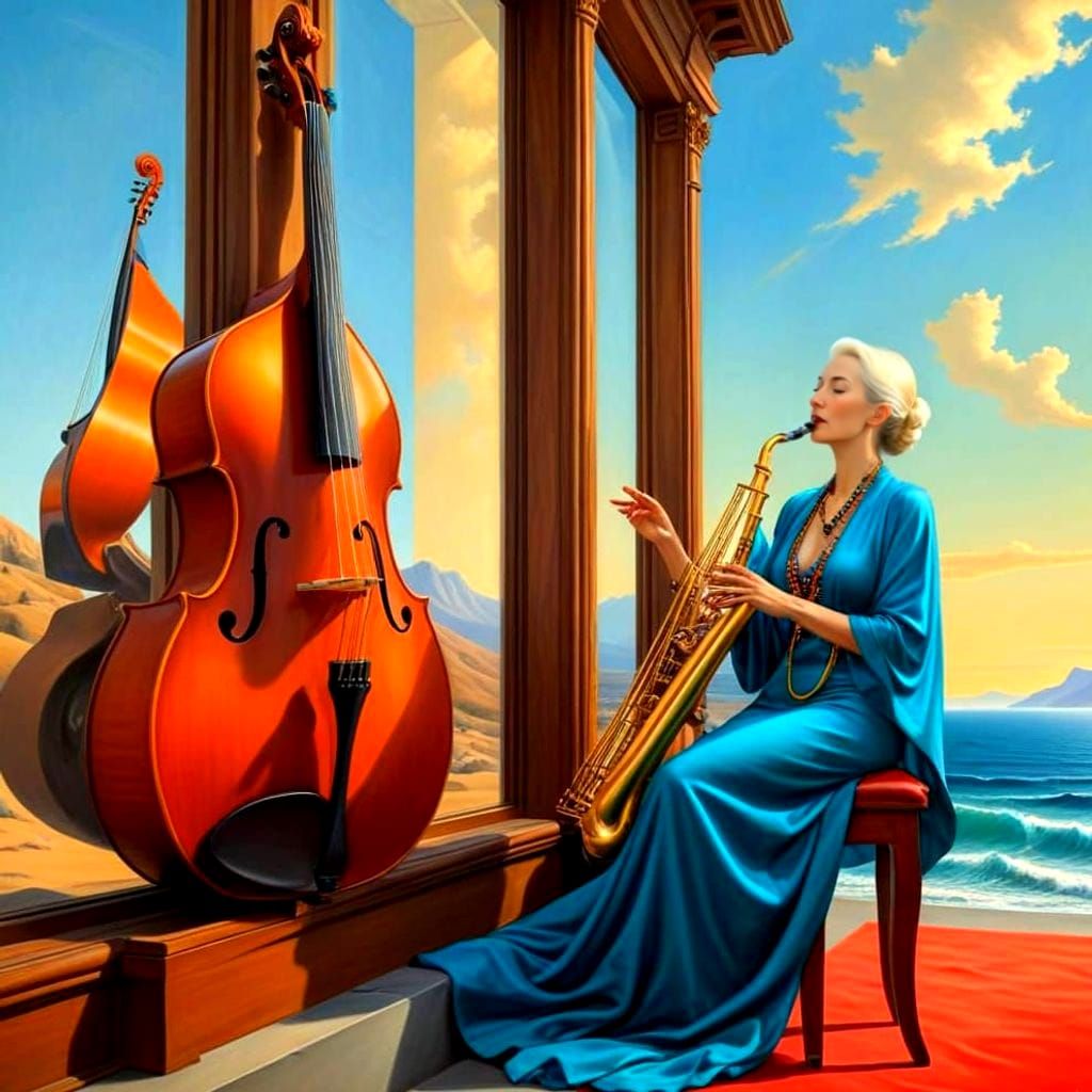 Happy Lady with Chimeric Instrument in Surreal Landscape