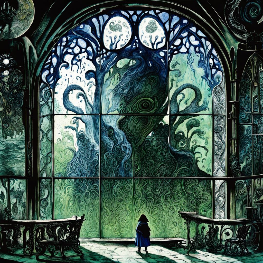 A lone figure stands silhouetted against a shattered stained glass window, their form fragmented by the ...  by @Lostmark