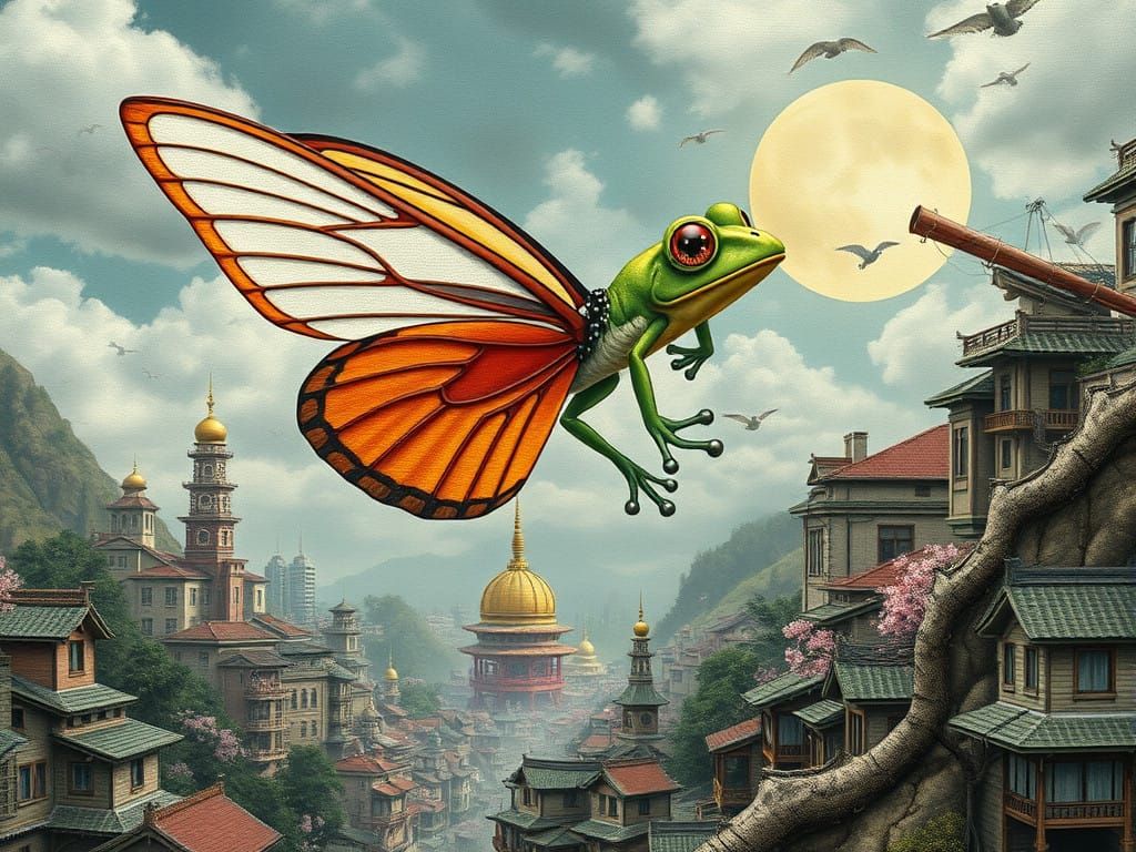 Bumpy Butterfly wingbeat flutter - Whimsical aerial motion Tree frog nature lover Eyeball nectar Intricately embroidered kimono with silk fa...