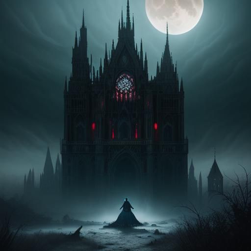 A female vampire stands tall, her fangs showing with blood d...