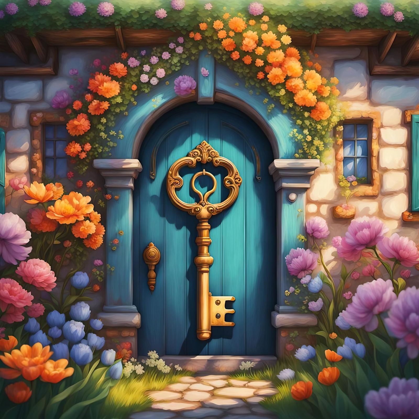 pretty spring flowers in the front of a house that is shaped like a key so you enter through the keyhole ...  by @Patsy 