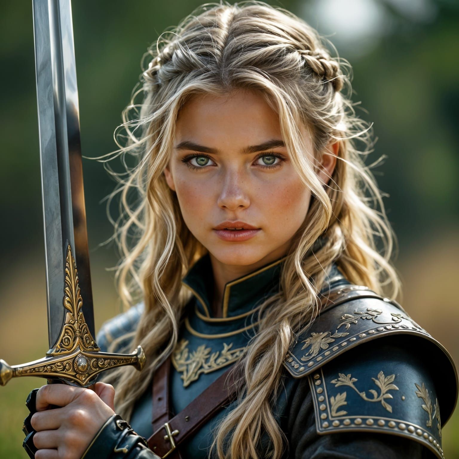 hyperrealistic image of a young teenaged woman, warrior, blonde hair, holds a sword, very realistic, ...  by @J_