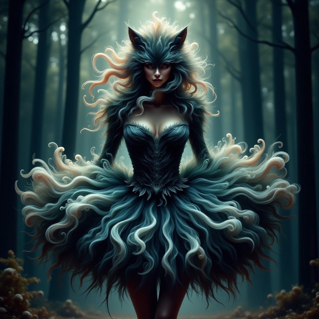 <lora:Ethereal Magic Flux:1.0> full body shot, by Miki Asai Macro photography, stunnningly amazing werewolf with the ethereal tutu made out...