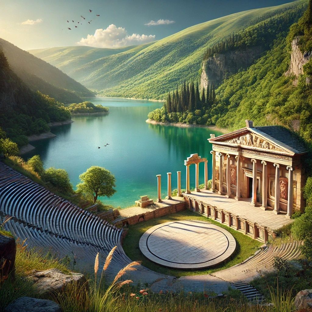 Classical, ancient greek theatre on the shore of a lake.  by @NightGuest 