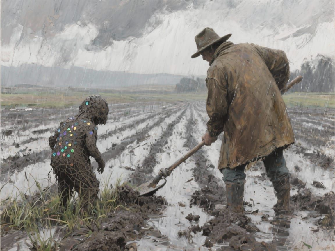 Farmer Tilling Field Under Brooding Sky with Mud Spirit