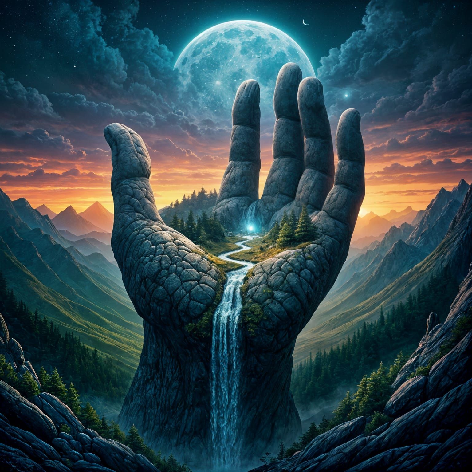 under a stunningly beautiful night sky with a huge moon we see a huge stone hand, on the hand there are ...  by @Zacharo