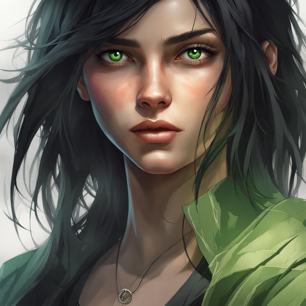 girl with black long hair and sharp green eyes and a scar cross over ...